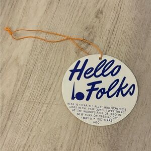 Hello Folks Name Tag 1940 New York World's Fair Time Capsule For 2040